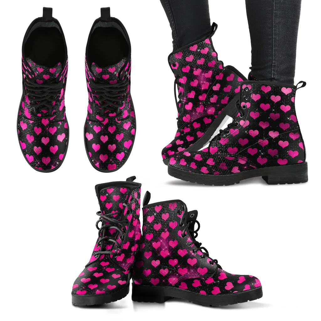Combat Boots - Hot Pink Pattern #103 | Unisex Adult Shoes, Vegan Leather Handmade Lace Up Boots, Custom Shoes Boho, Vintage Style, Aesthetic