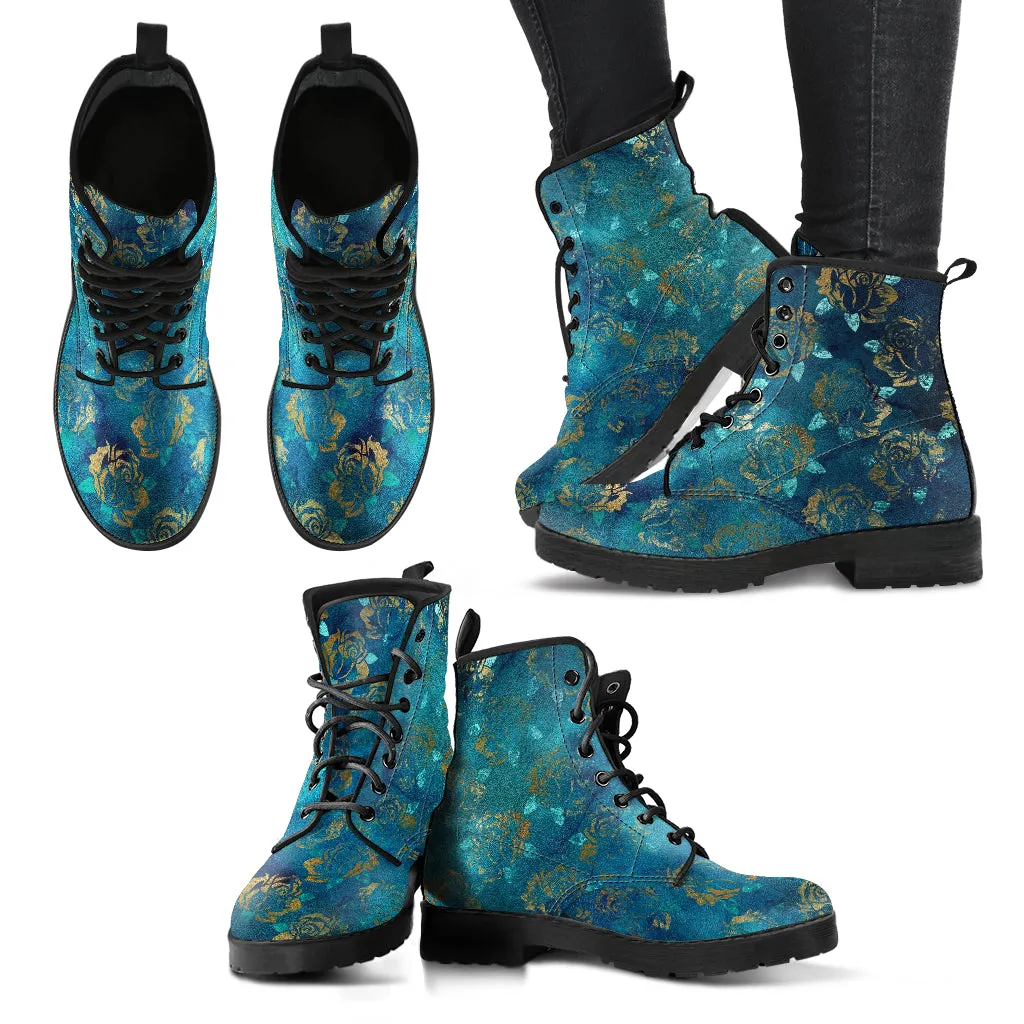 Combat Boots - Rugged Look Green Boots with Roses | Custom Shoes, Vegan Shoes, 90s Boots, 2000s Boots, Hippie Boots, Women's Boots