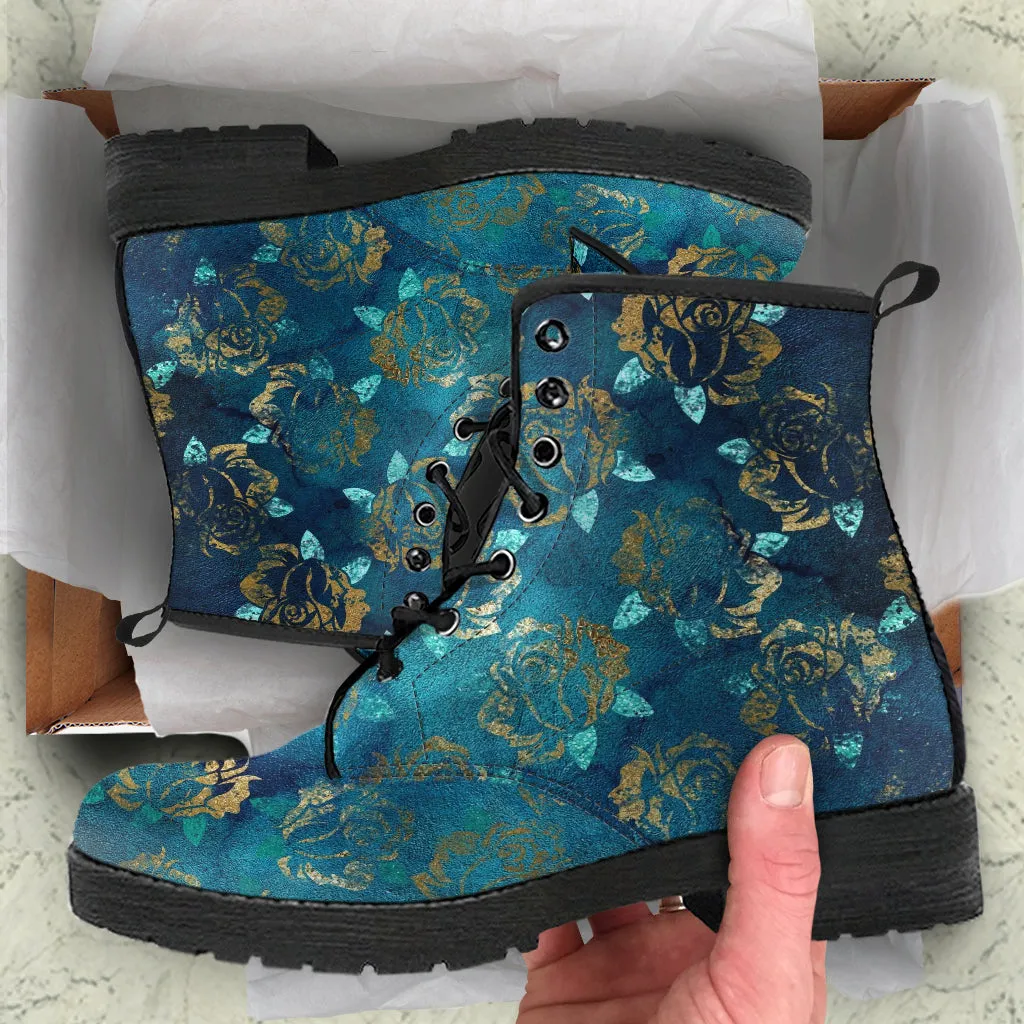 Combat Boots - Rugged Look Green Boots with Roses | Custom Shoes, Vegan Shoes, 90s Boots, 2000s Boots, Hippie Boots, Women's Boots
