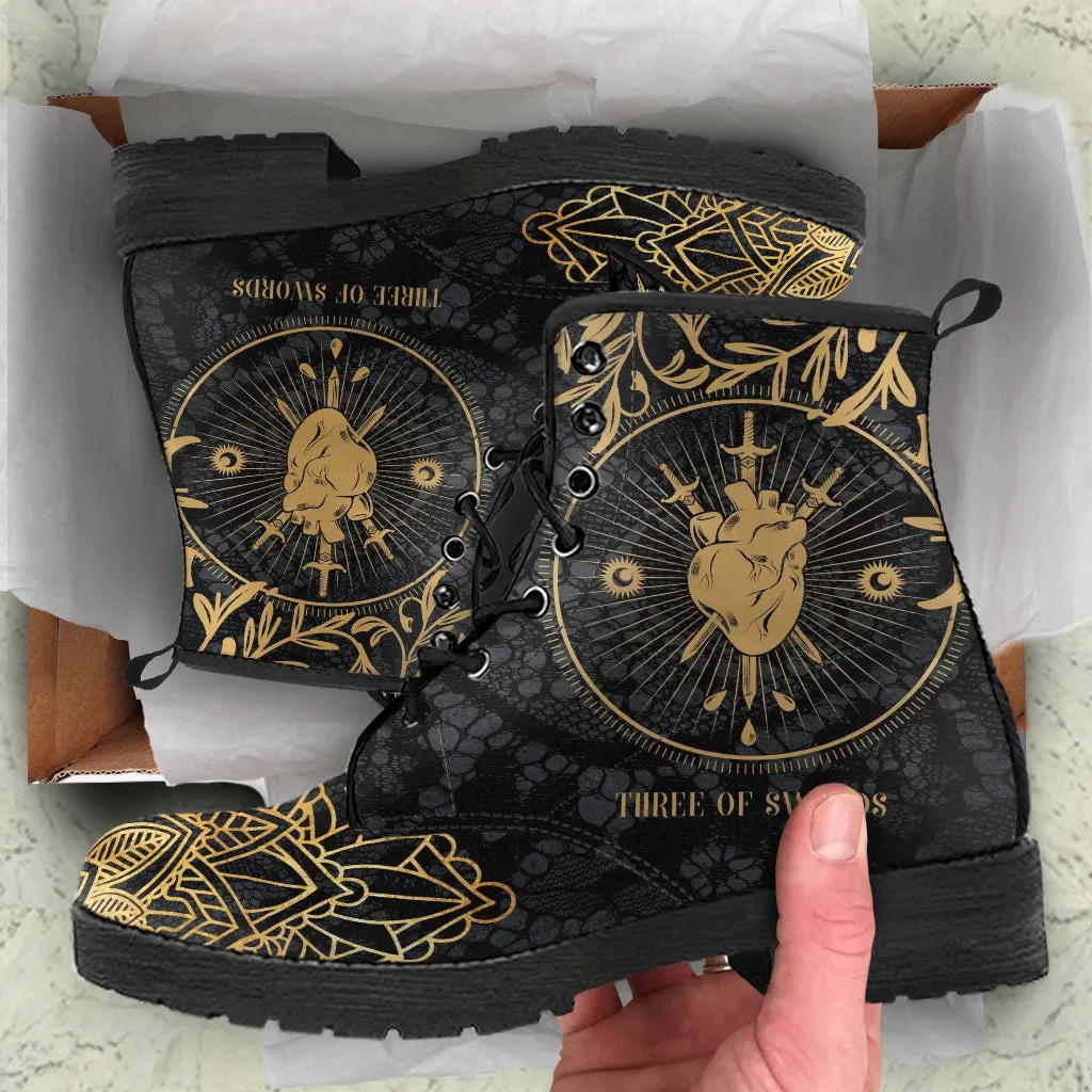 Combat Boots - Three of Swords #101 | Tarot Art, Unisex Adult Shoes, Vegan Leather Handmade Lace Up Boots, Custom Shoes Boho, Aesthetic