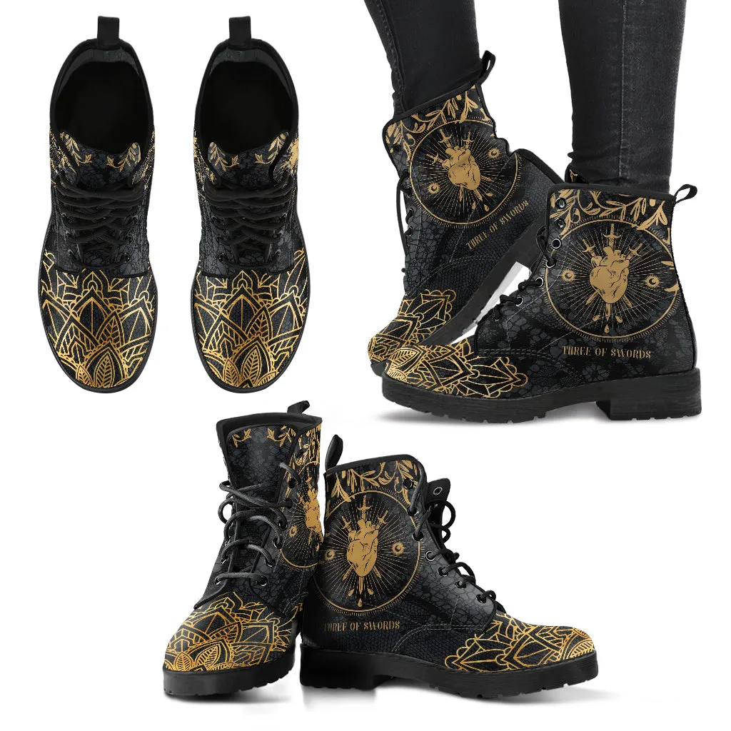 Combat Boots - Three of Swords #101 | Tarot Art, Unisex Adult Shoes, Vegan Leather Handmade Lace Up Boots, Custom Shoes Boho, Aesthetic