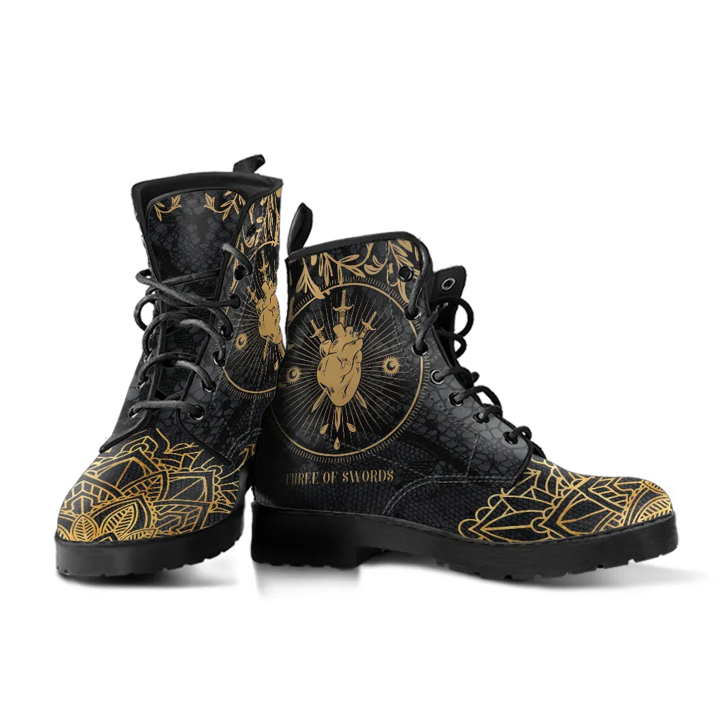 Combat Boots - Three of Swords #101 | Tarot Art, Unisex Adult Shoes, Vegan Leather Handmade Lace Up Boots, Custom Shoes Boho, Aesthetic