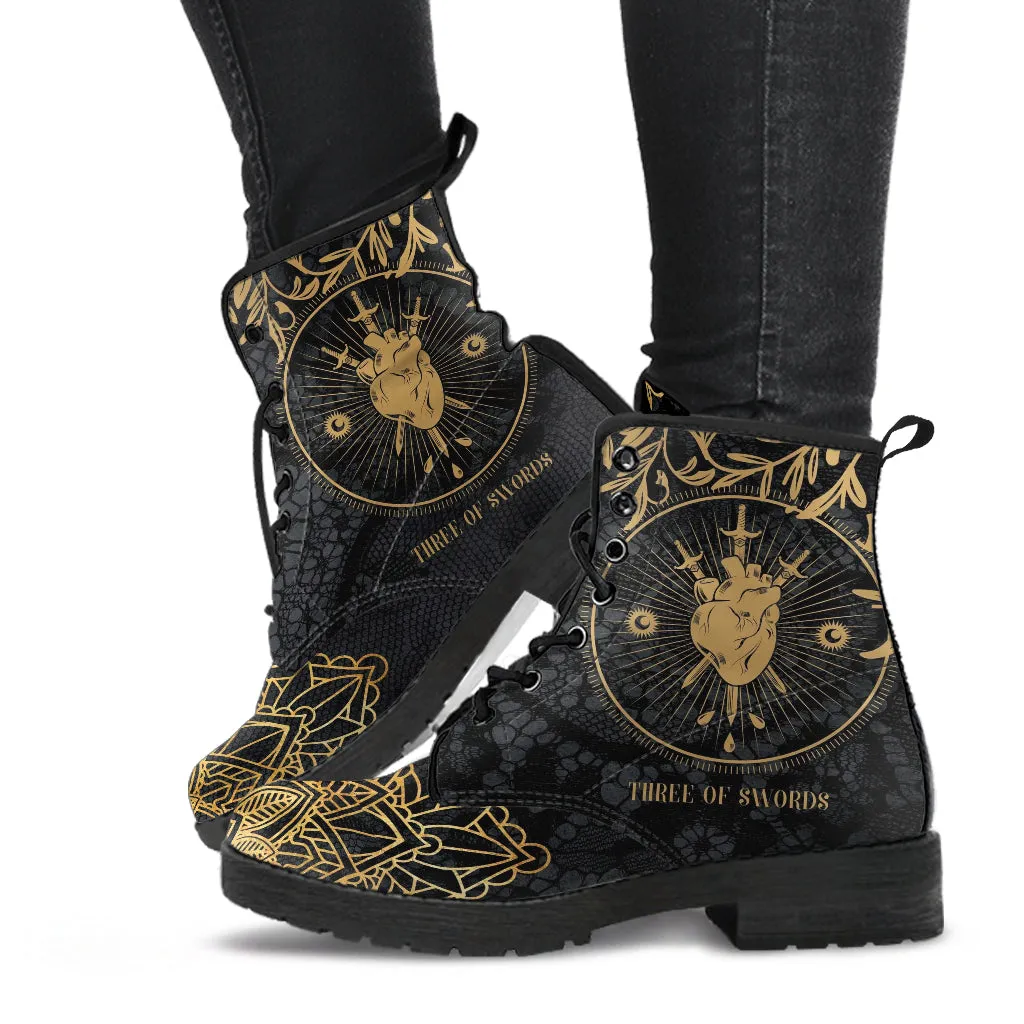 Combat Boots - Three of Swords #101 | Tarot Art, Unisex Adult Shoes, Vegan Leather Handmade Lace Up Boots, Custom Shoes Boho, Aesthetic