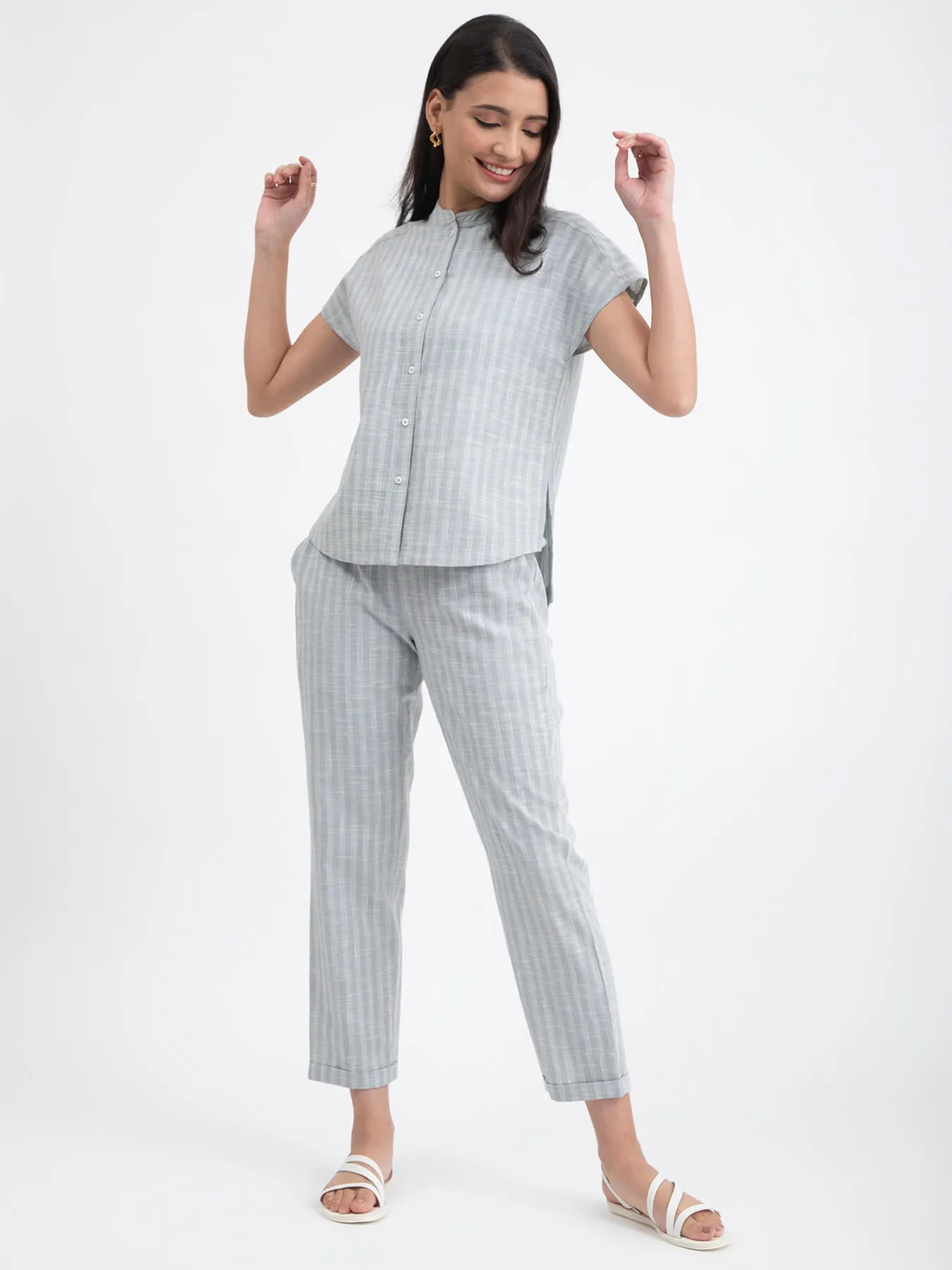 Cotton Checked Co-ord Set - Light Blue
