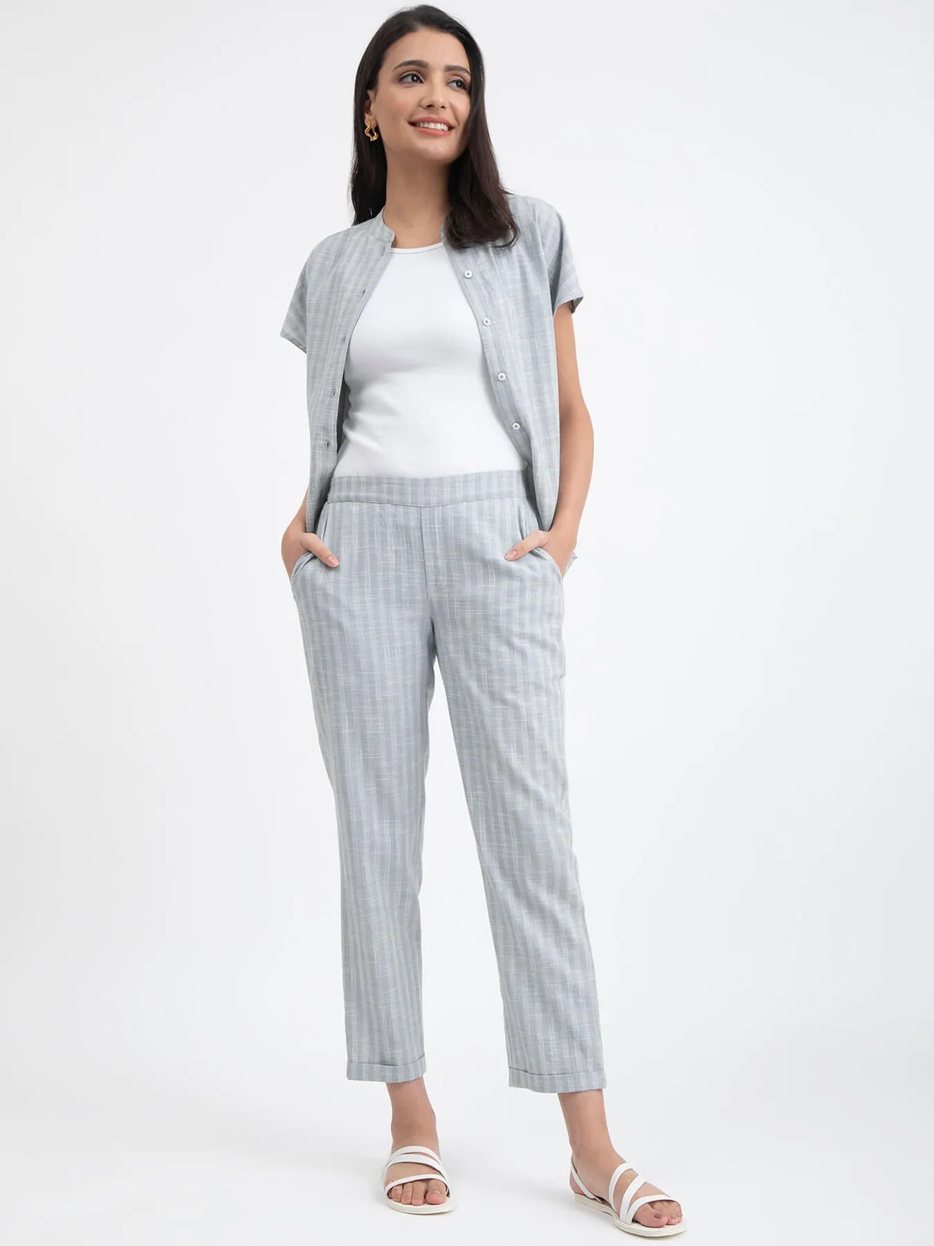 Cotton Checked Co-ord Set - Light Blue