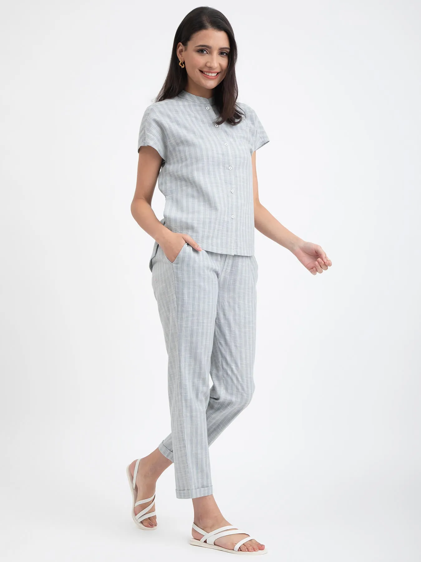 Cotton Checked Co-ord Set - Light Blue