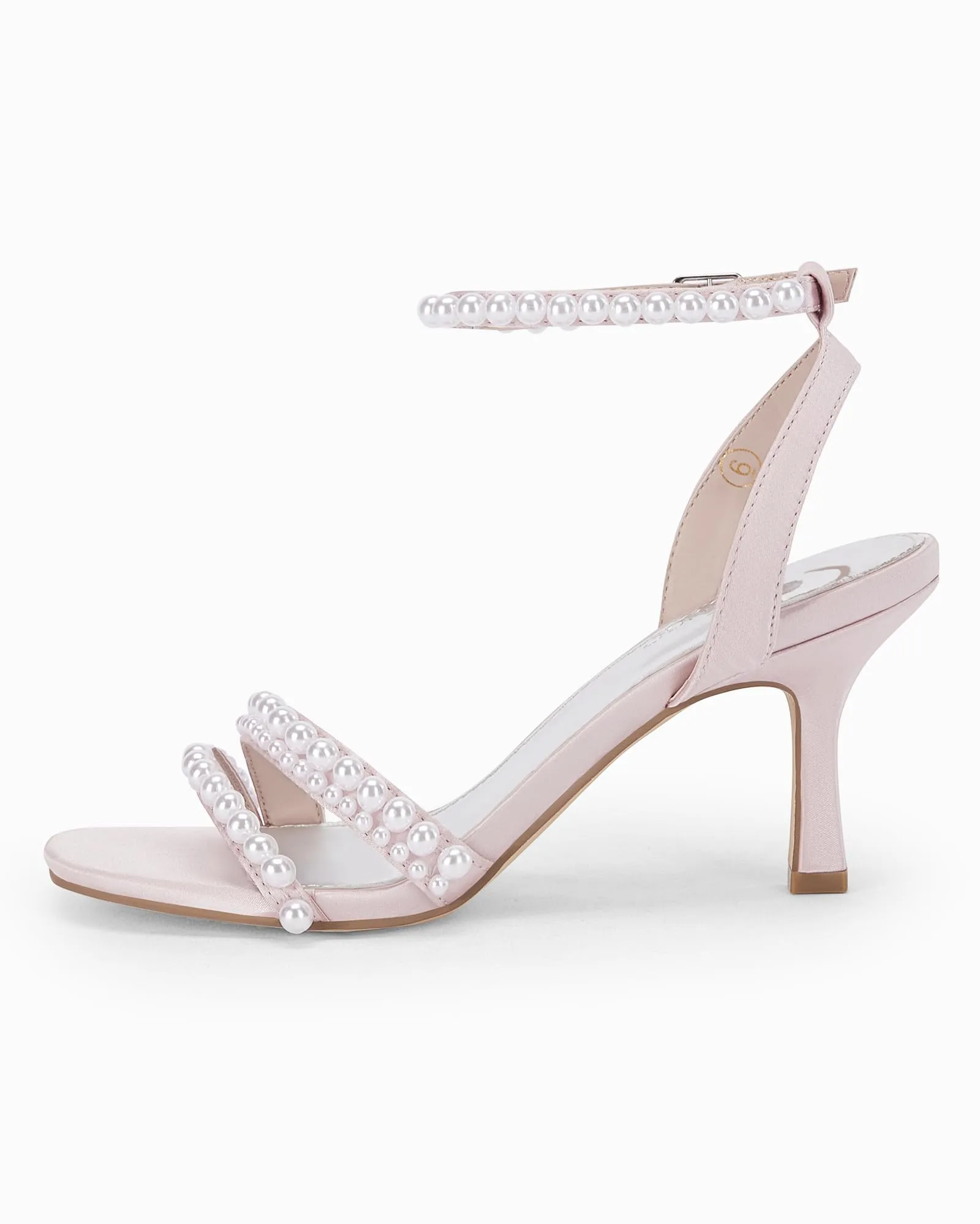Coutgo Womens Pearl Kitten Heels Sandals Square Open Toe Dress Sandals Ankle Strap Satin Wedding Party Summer Sandals, Pink, size 8