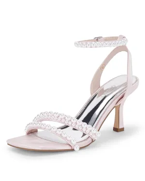 Coutgo Womens Pearl Kitten Heels Sandals Square Open Toe Dress Sandals Ankle Strap Satin Wedding Party Summer Sandals, Pink, size 8