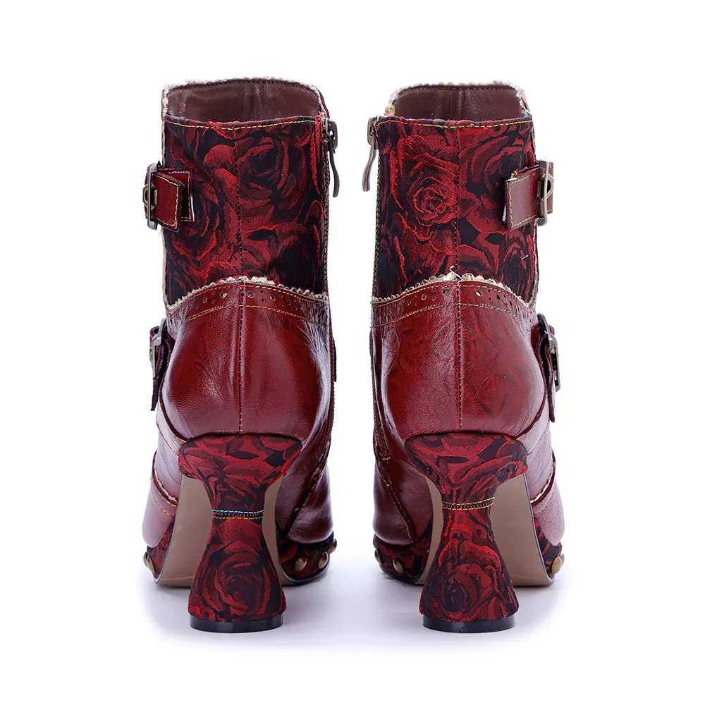 CrazycatZ Womens  Boots Bohemian Block Heel Leather Ankle Boots Colorful Leather Heeled Ankle Boots Red Wine