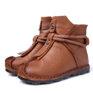 Folk Round Toe Genuine Leather Handmade Short Boots