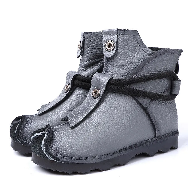 Folk Round Toe Genuine Leather Handmade Short Boots