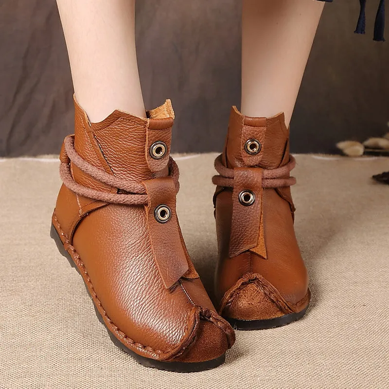 Folk Round Toe Genuine Leather Handmade Short Boots
