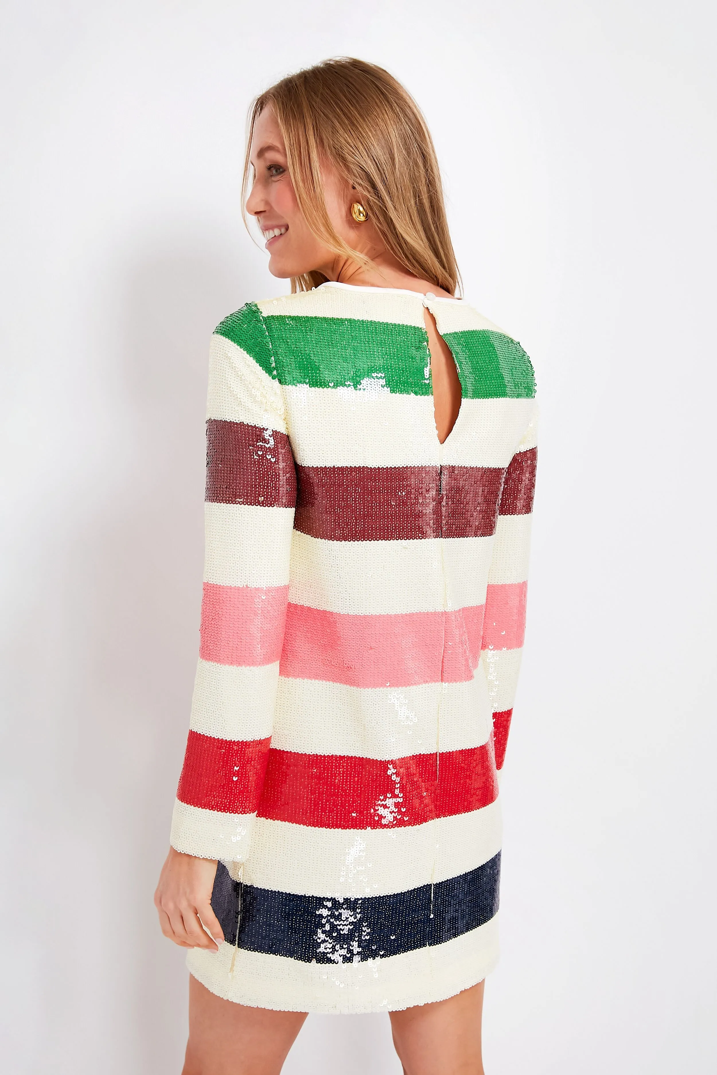 French Cream Multi Adventure Stripe Sequin Shift Dress