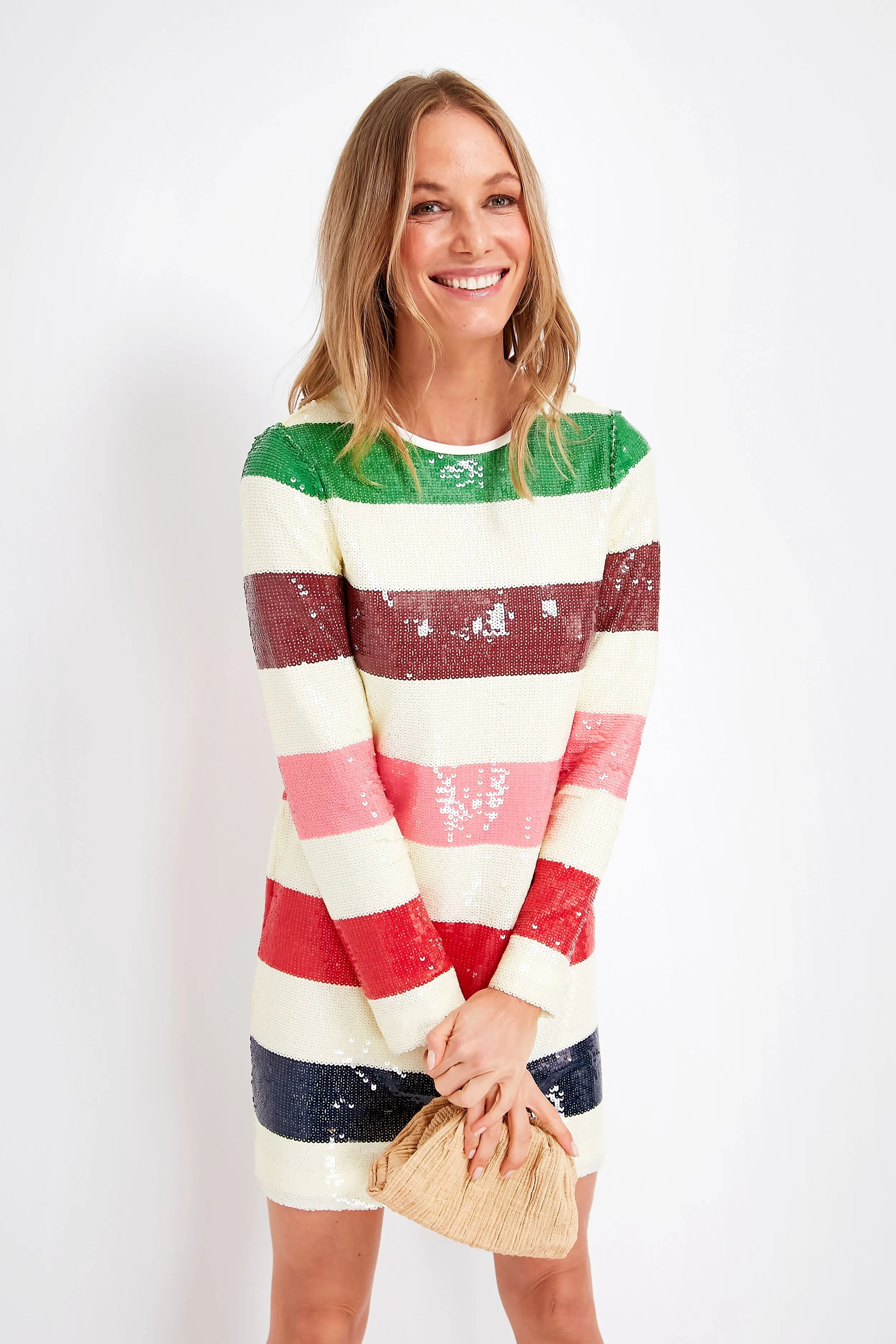 French Cream Multi Adventure Stripe Sequin Shift Dress