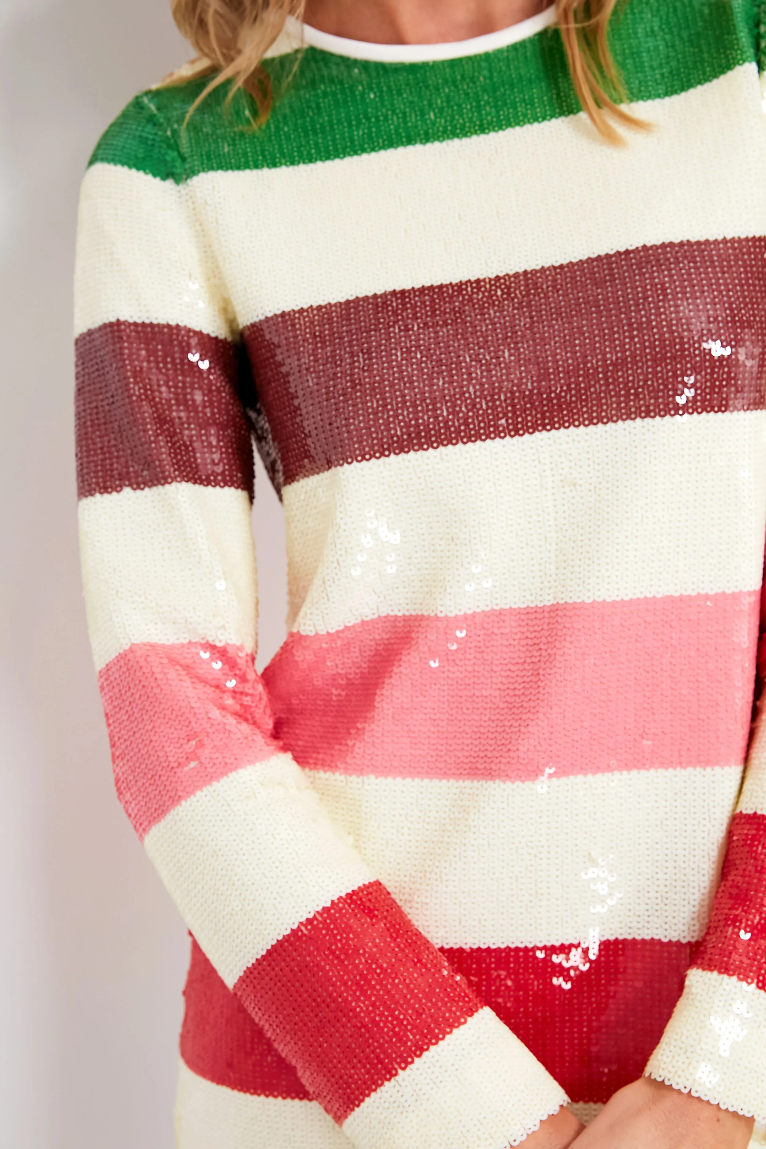 French Cream Multi Adventure Stripe Sequin Shift Dress