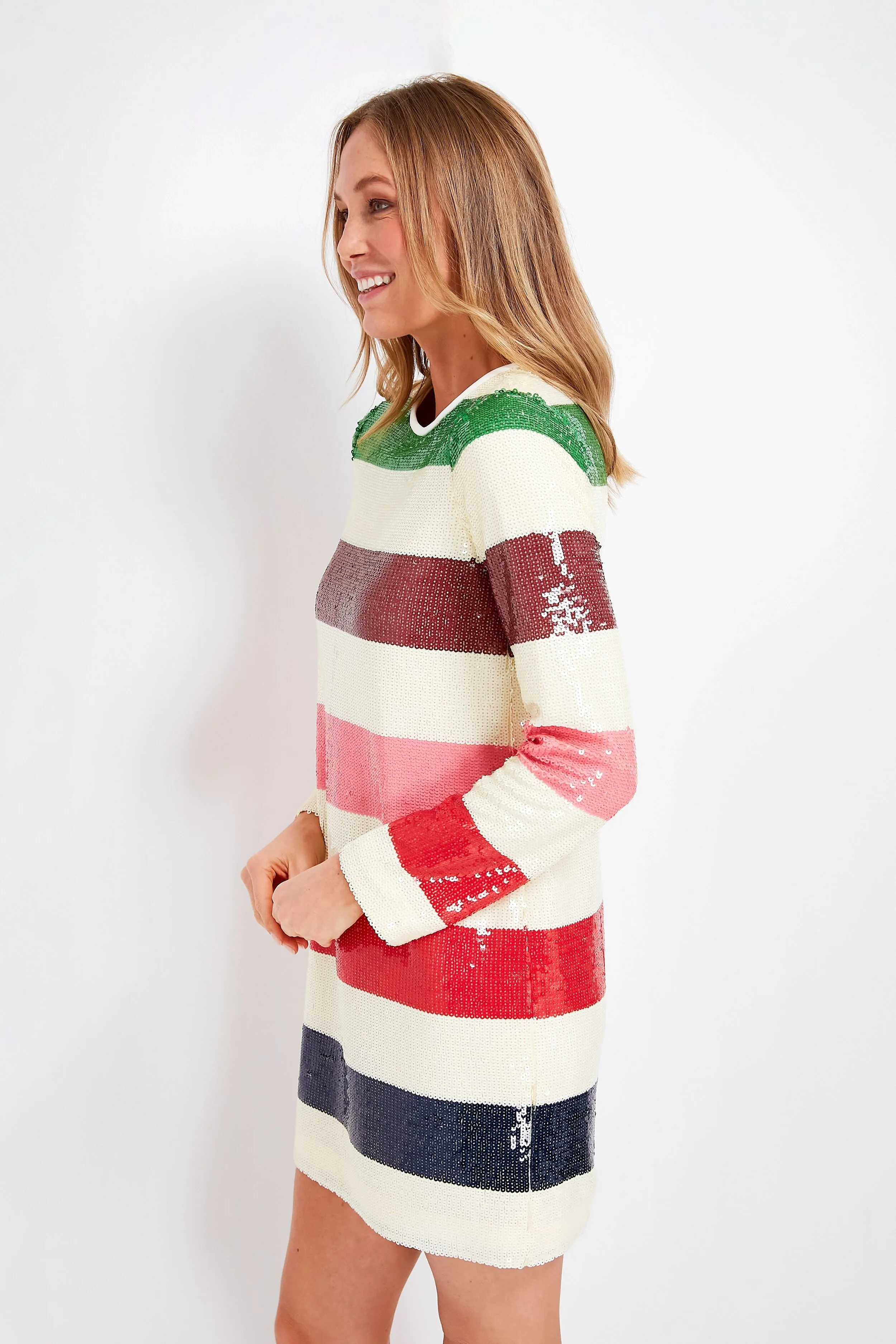 French Cream Multi Adventure Stripe Sequin Shift Dress