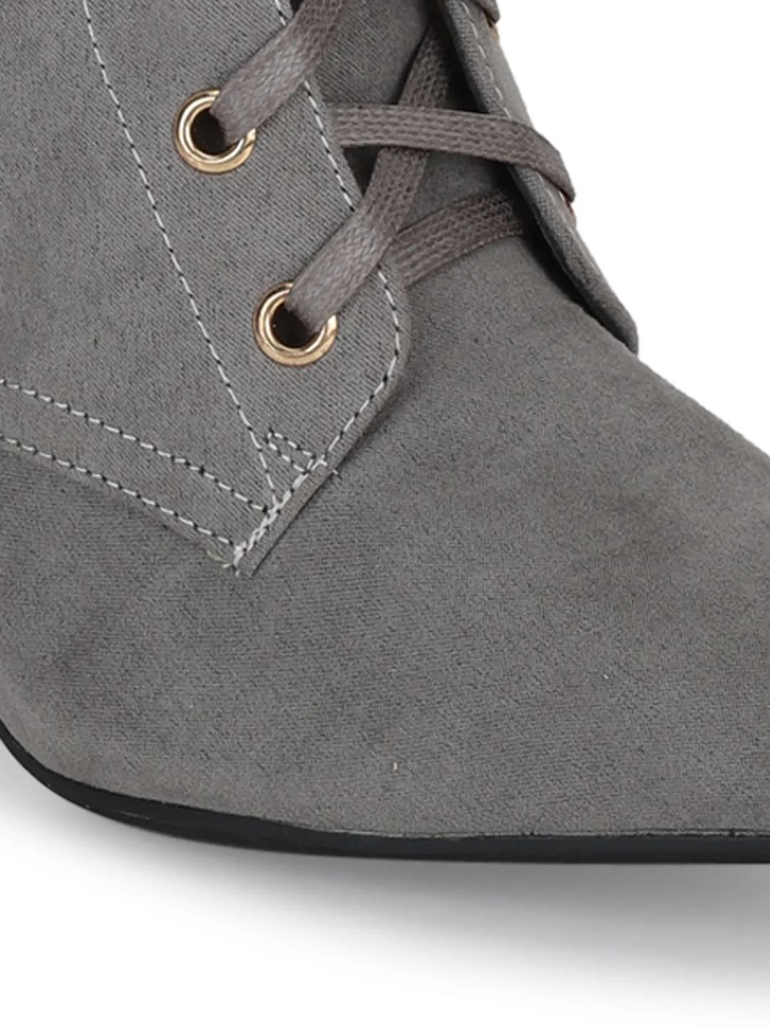 Grey Micro Pointed Toe Lace-Up Block Heel Ankle Boots