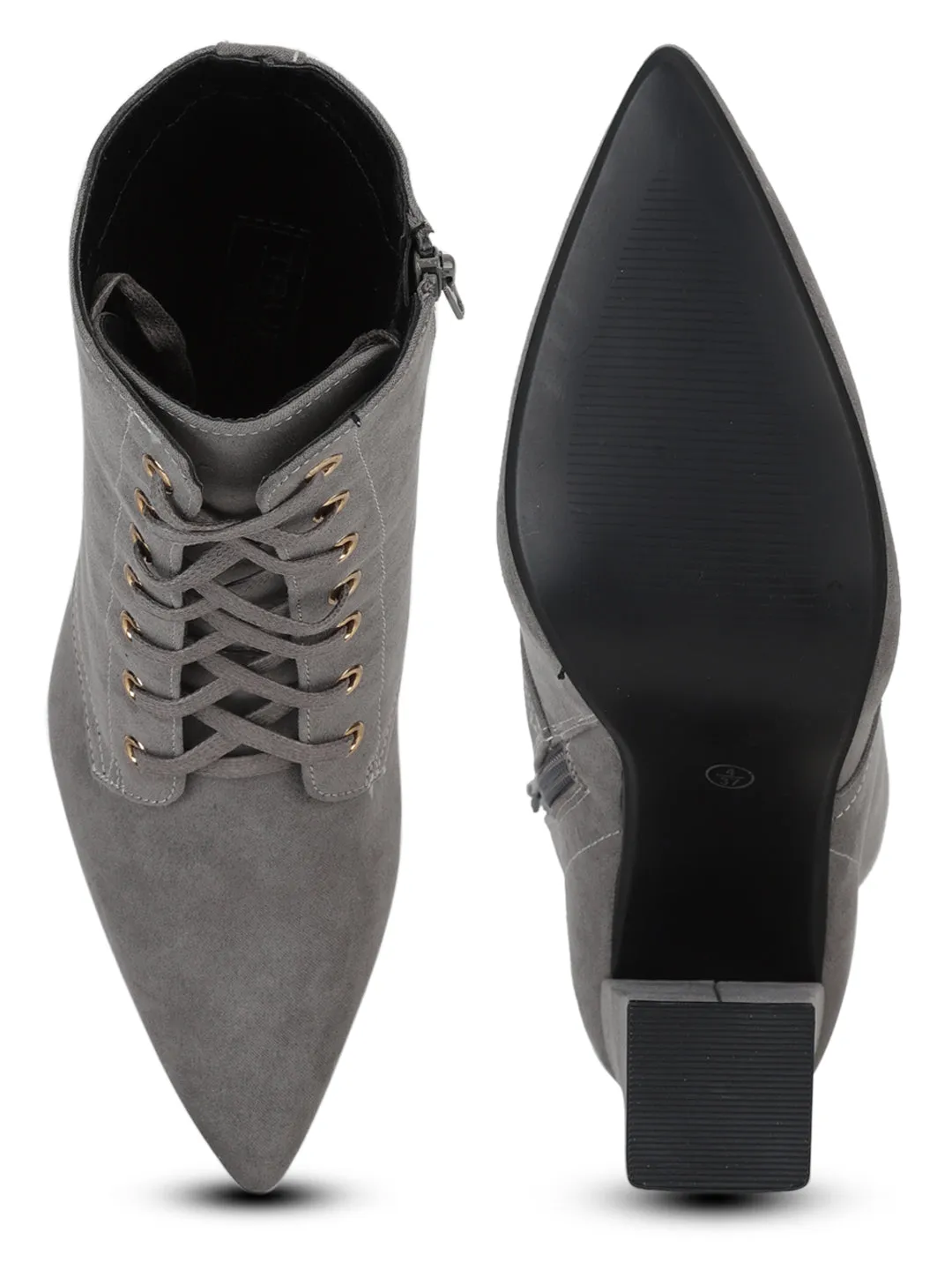 Grey Micro Pointed Toe Lace-Up Block Heel Ankle Boots