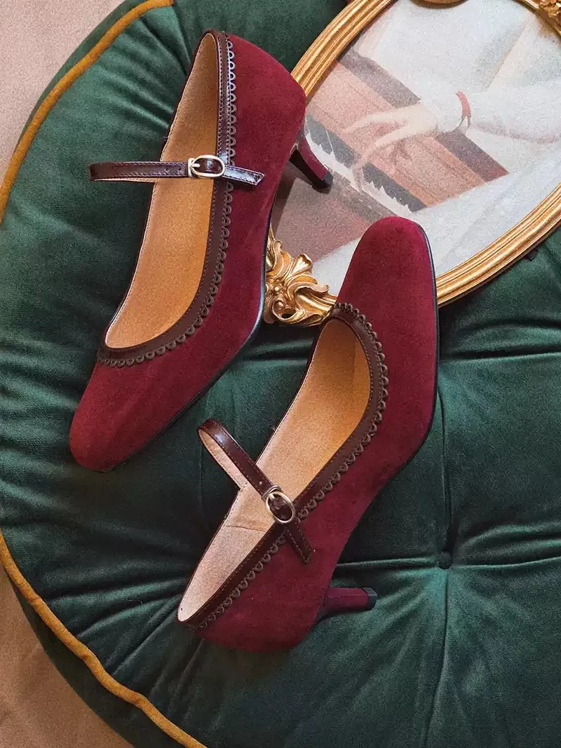 Handmade Vintage Burgundy Mary Jane Kitten Heels - Regency Style Shoes