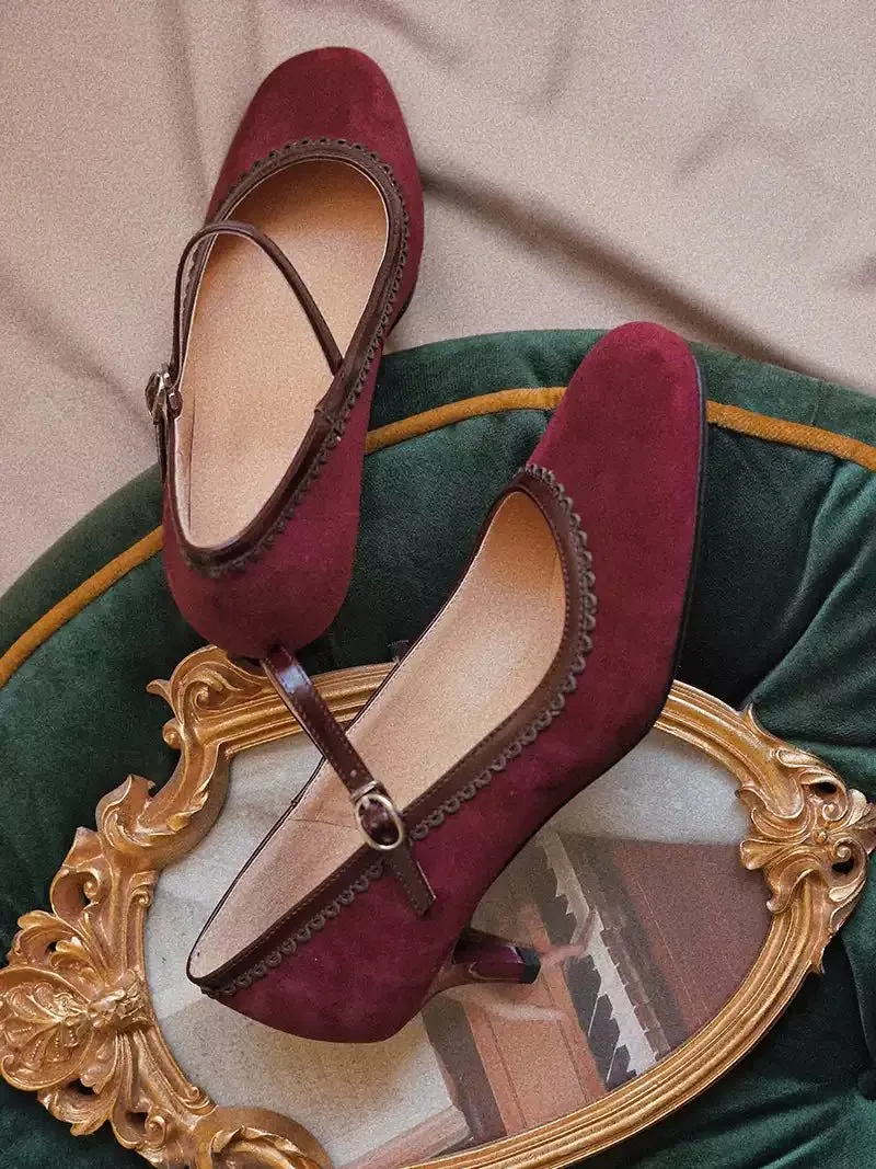 Handmade Vintage Burgundy Mary Jane Kitten Heels - Regency Style Shoes