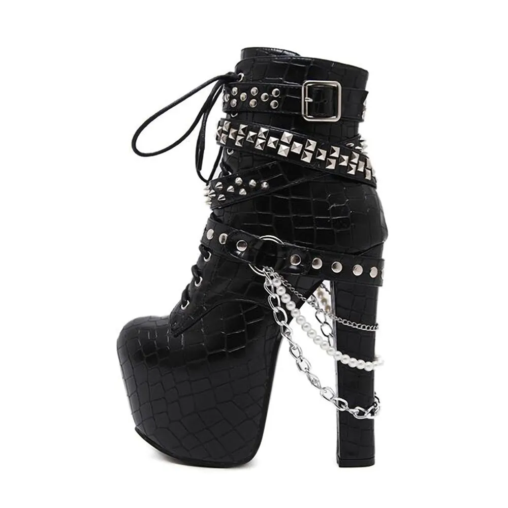 Lace Up Ankle High Heel Boots with Chains
