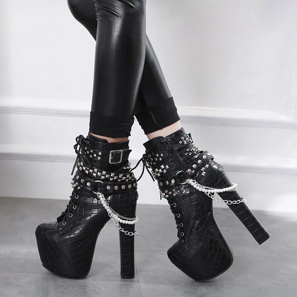 Lace Up Ankle High Heel Boots with Chains