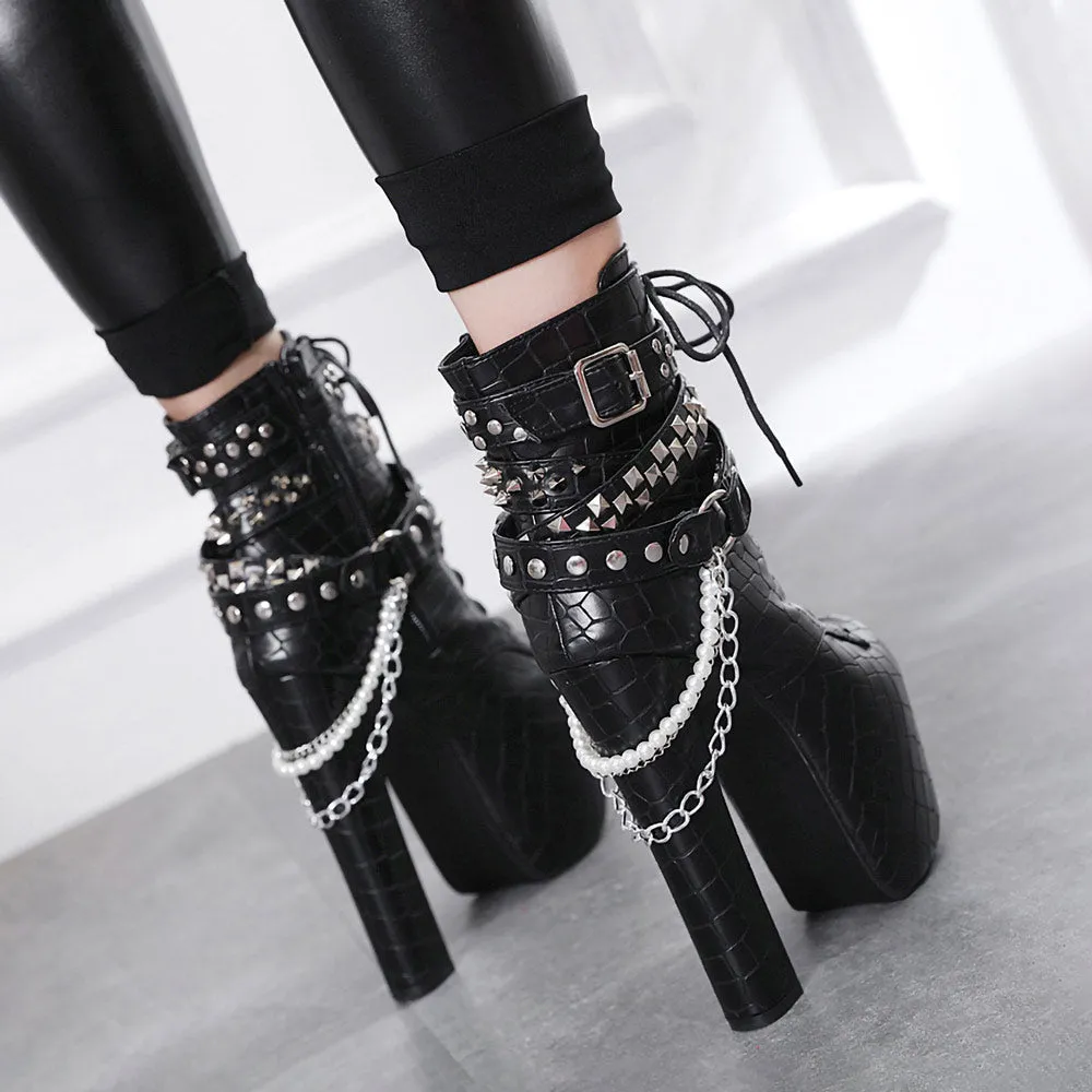 Lace Up Ankle High Heel Boots with Chains