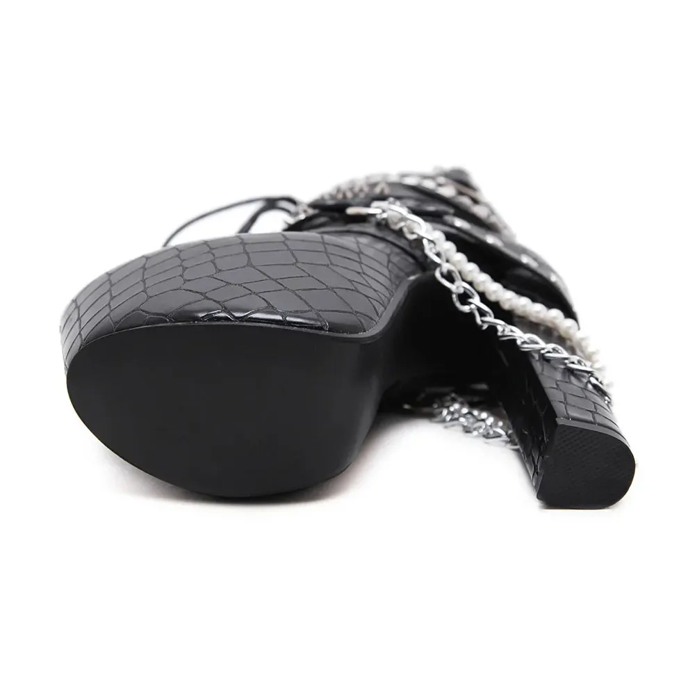Lace Up Ankle High Heel Boots with Chains