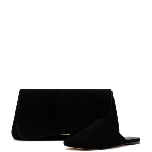 LARROUDÉ Venice Flat Mule and Pouch Kit In Black Suede