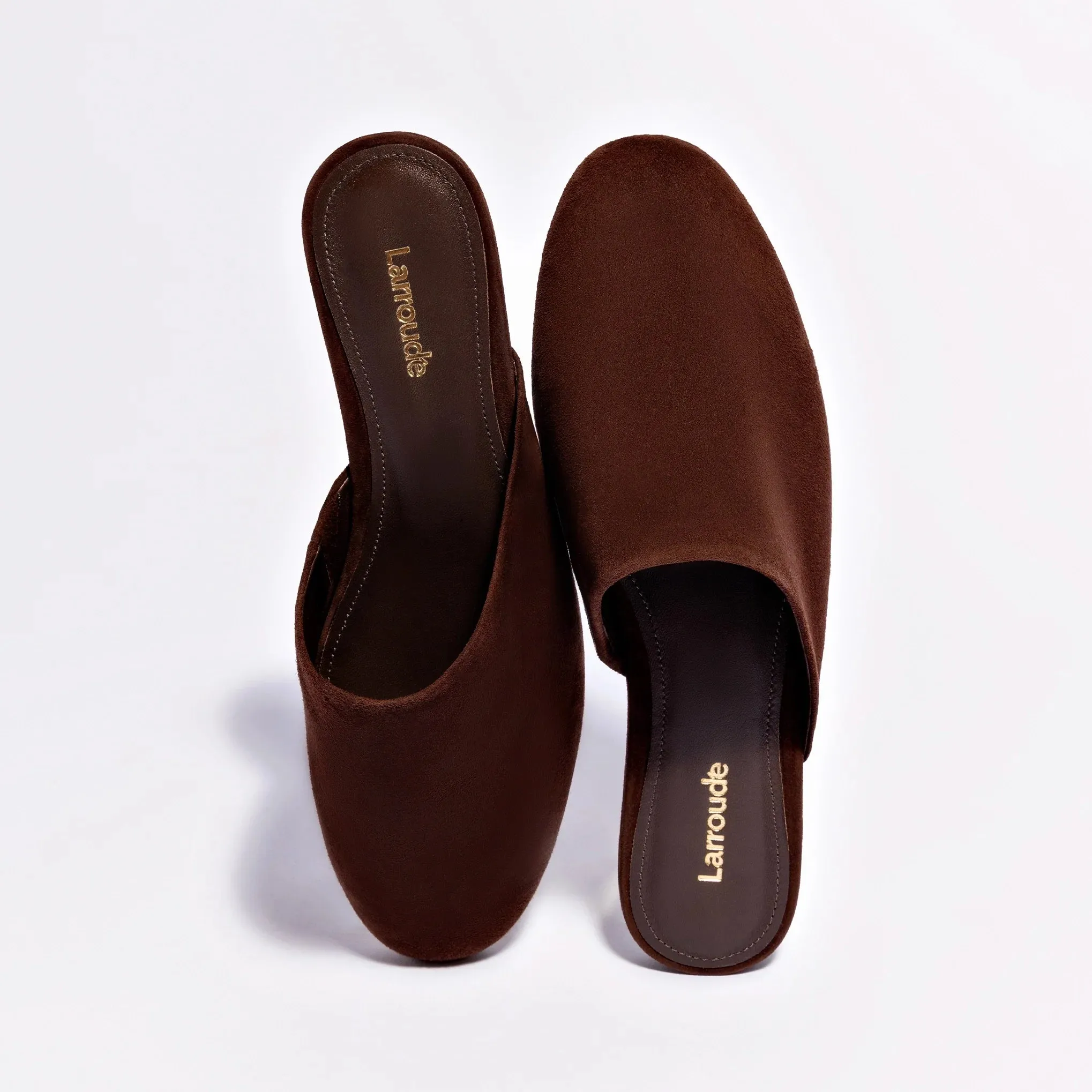 LARROUDÉ Venice Flat Mule and Pouch Kit In Brown Suede