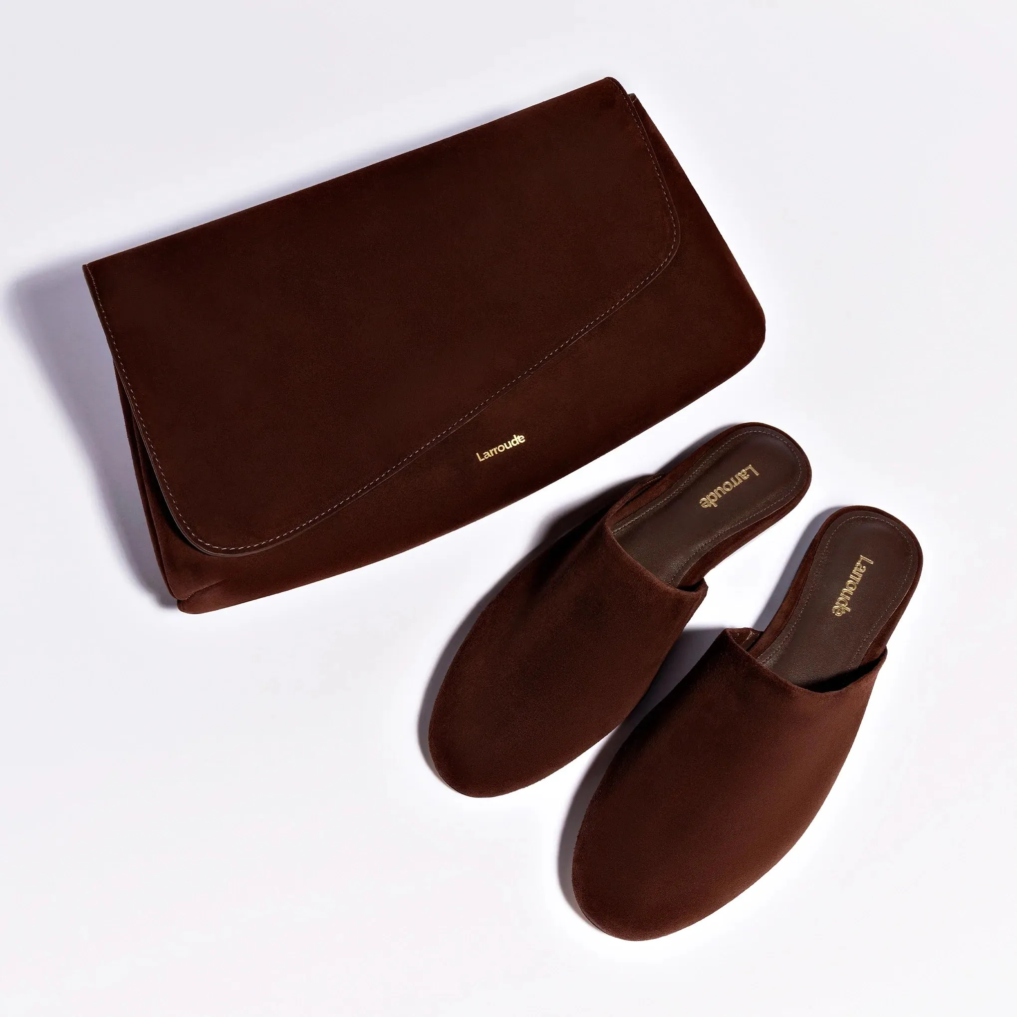 LARROUDÉ Venice Flat Mule and Pouch Kit In Brown Suede