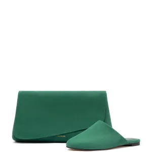 LARROUDÉ Venice Flat Mule and Pouch Kit In Emerald Suede