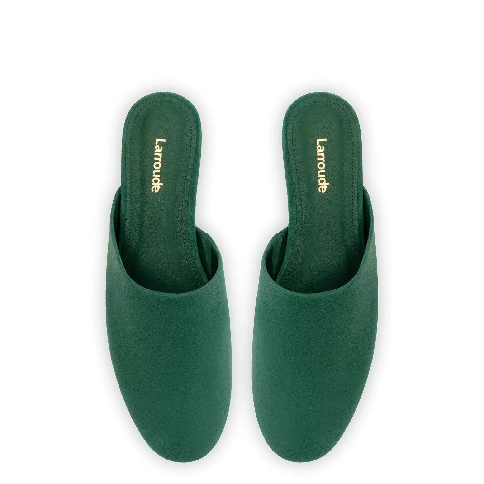 LARROUDÉ Venice Flat Mule and Pouch Kit In Emerald Suede