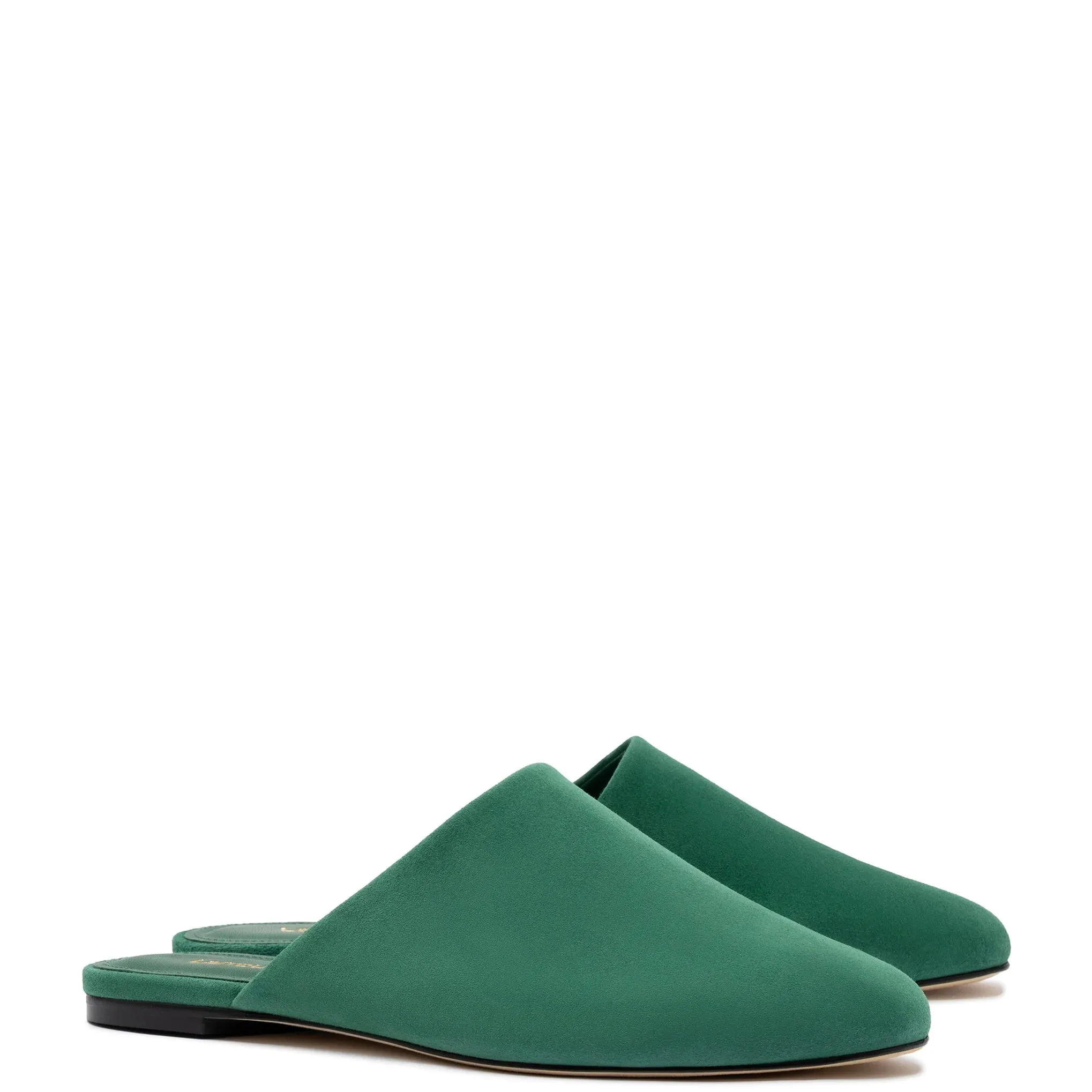 LARROUDÉ Venice Flat Mule and Pouch Kit In Emerald Suede