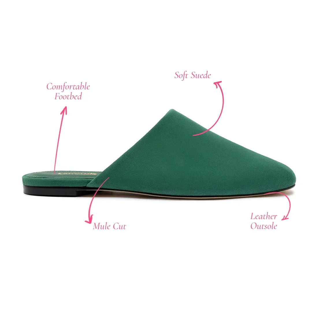 LARROUDÉ Venice Flat Mule and Pouch Kit In Emerald Suede