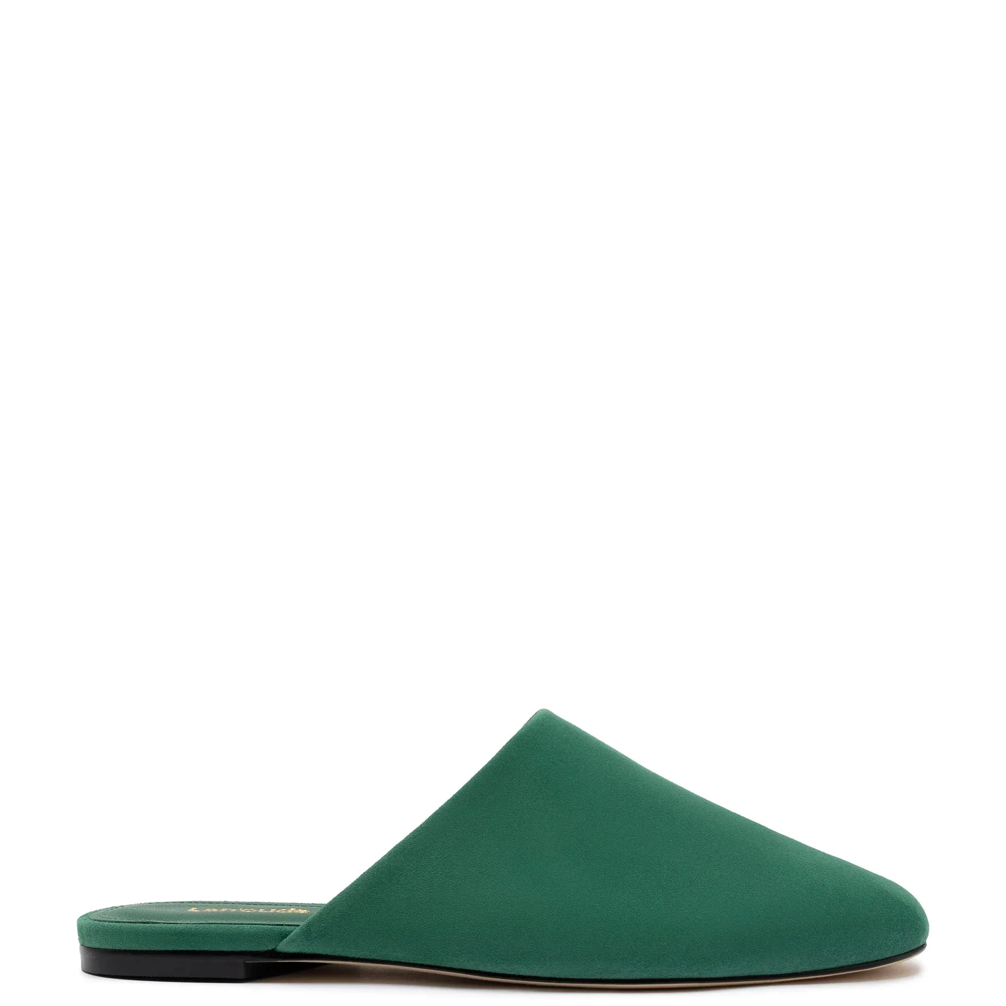LARROUDÉ Venice Flat Mule and Pouch Kit In Emerald Suede