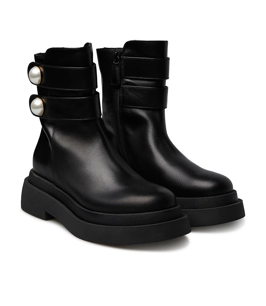 Pearl studs straps black calfskin ankle boots
