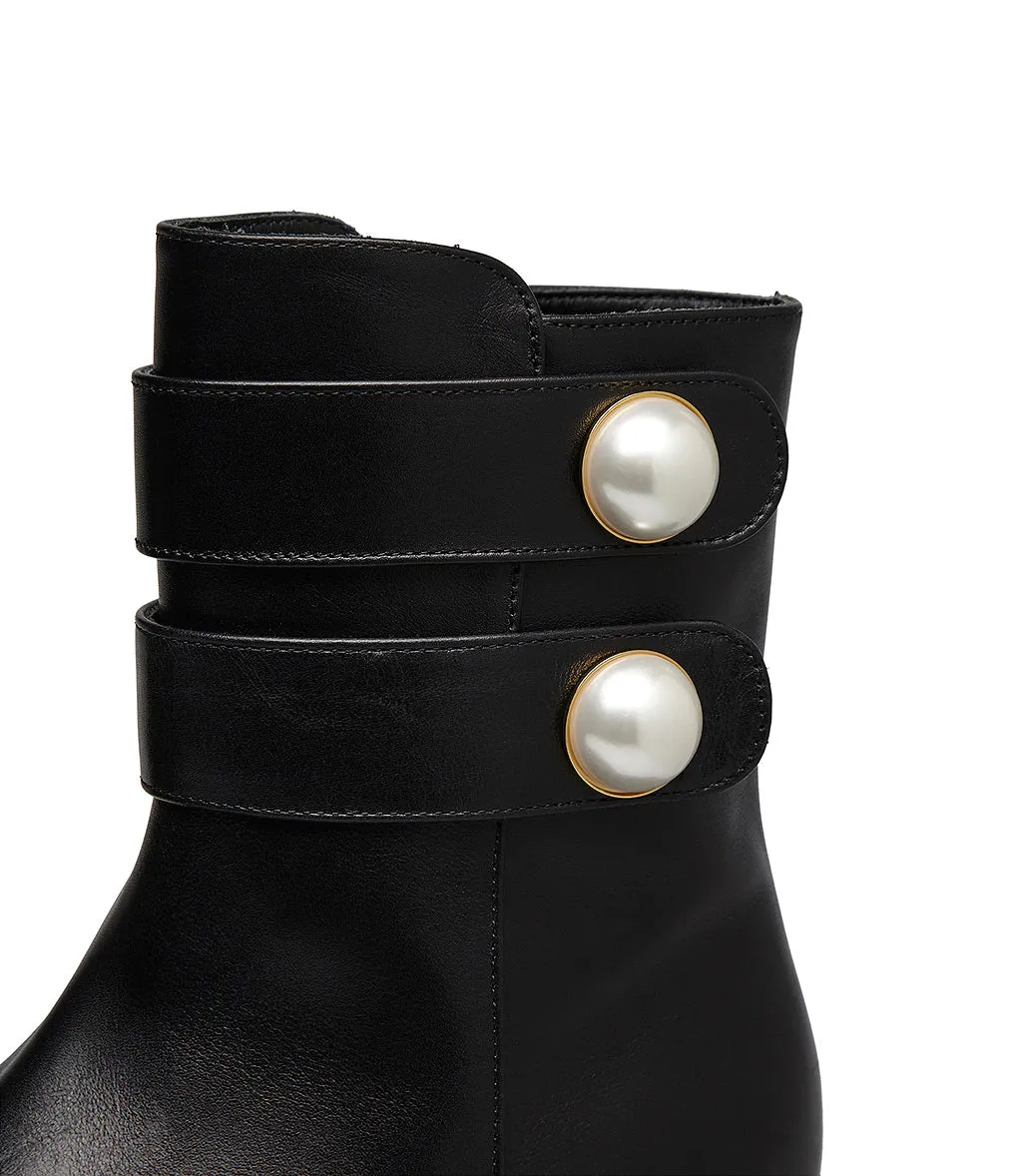 Pearl studs straps black calfskin ankle boots