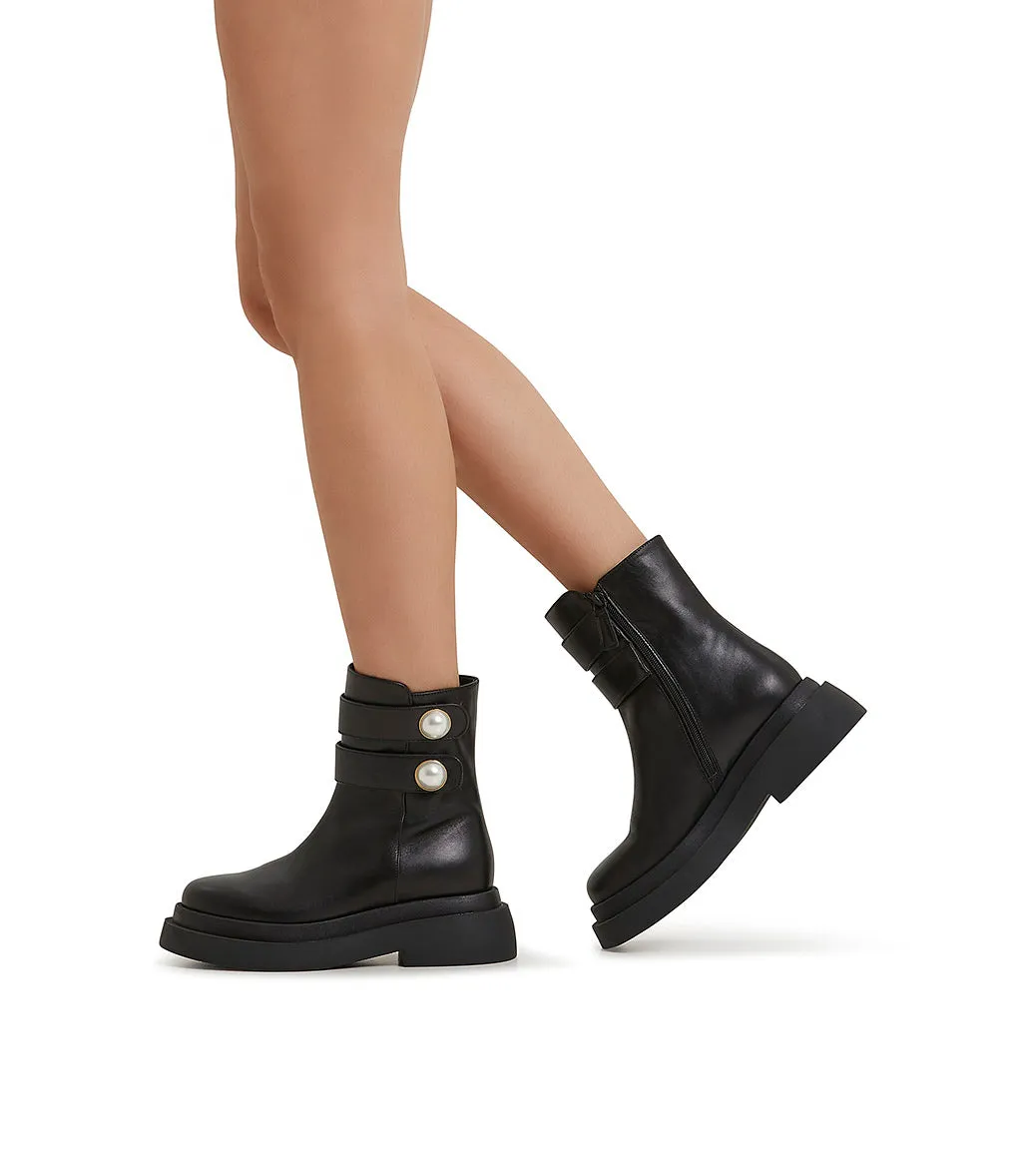 Pearl studs straps black calfskin ankle boots