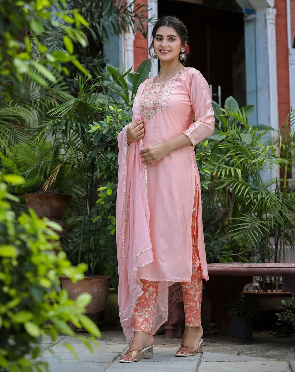 Pink Floral Modal Silk Kurta Pant Set With Dupatta (Set of 3)