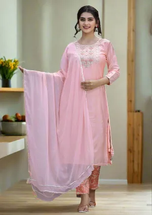 Pink Floral Modal Silk Kurta Pant Set With Dupatta (Set of 3)