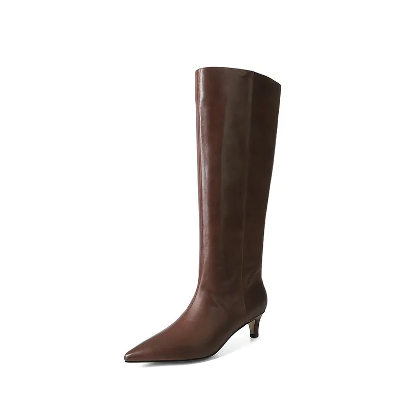 Pointed-Toe 50mm Slender Heel Knee-High Cowhide Riding Boots Black/Reddish brown