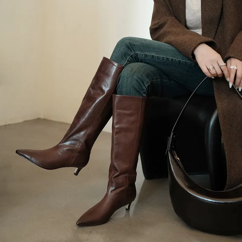 Pointed-Toe 50mm Slender Heel Knee-High Cowhide Riding Boots Black/Reddish brown