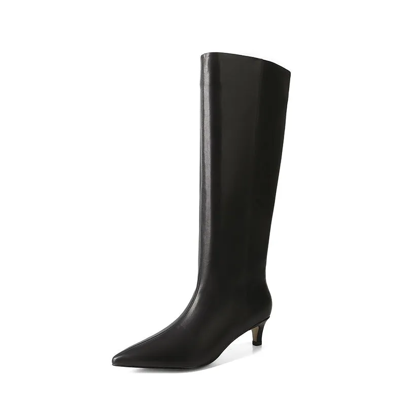 Pointed-Toe 50mm Slender Heel Knee-High Cowhide Riding Boots Black/Reddish brown
