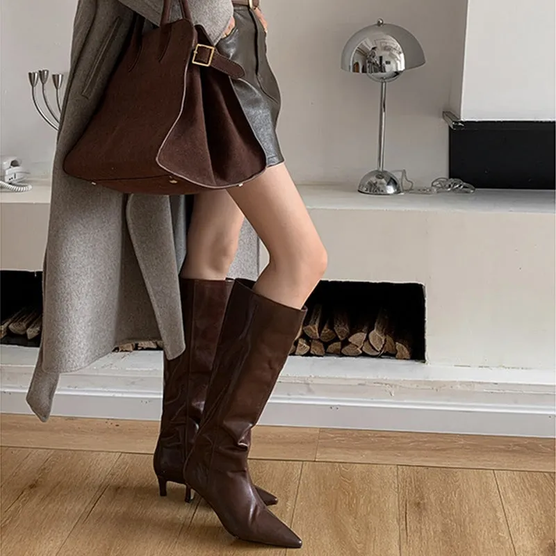 Pointed-Toe 50mm Slender Heel Knee-High Cowhide Riding Boots Black/Reddish brown