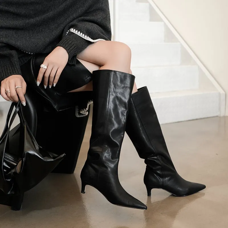 Pointed-Toe 50mm Slender Heel Knee-High Cowhide Riding Boots Black/Reddish brown