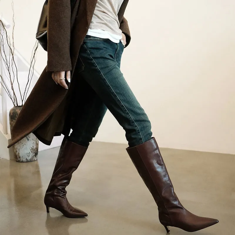 Pointed-Toe 50mm Slender Heel Knee-High Cowhide Riding Boots Black/Reddish brown