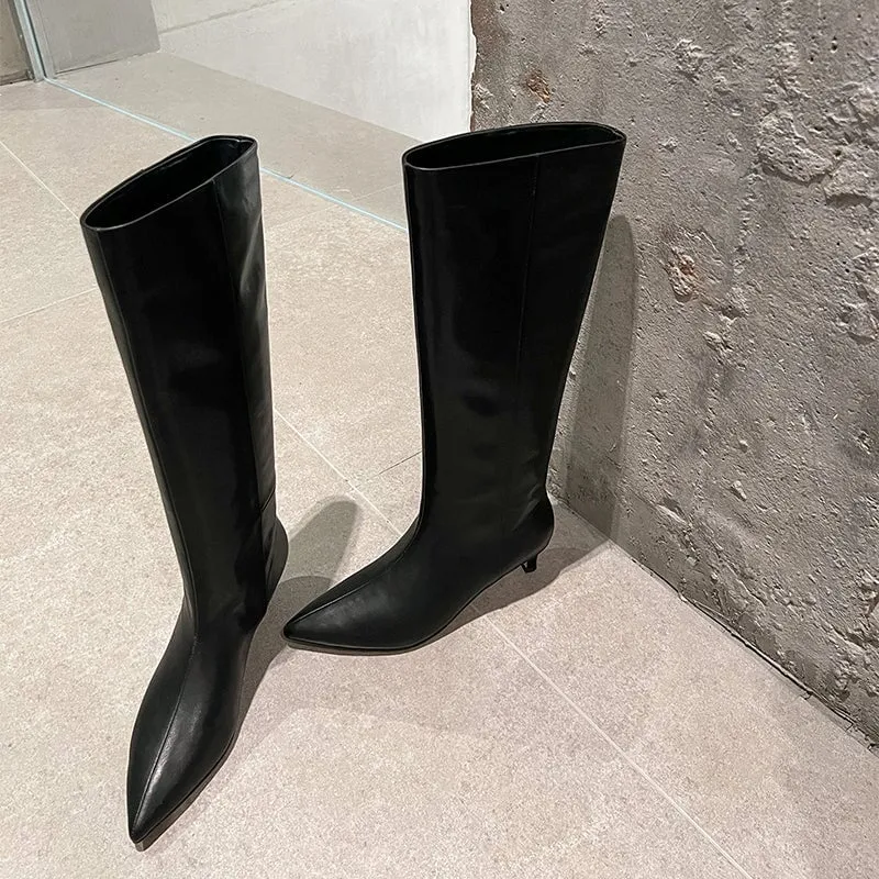 Pointed-Toe 50mm Slender Heel Knee-High Cowhide Riding Boots Black/Reddish brown