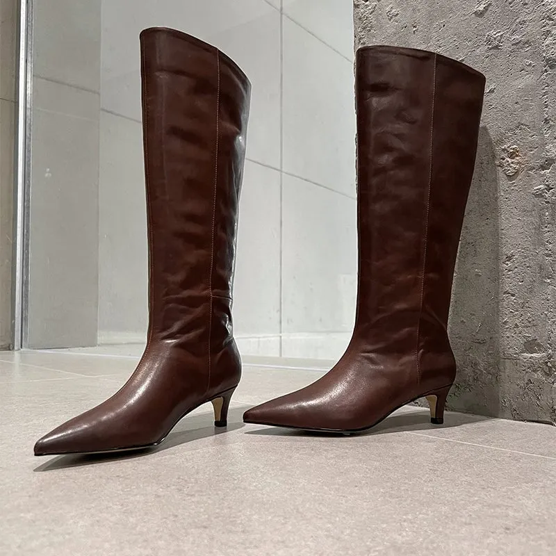 Pointed-Toe 50mm Slender Heel Knee-High Cowhide Riding Boots Black/Reddish brown