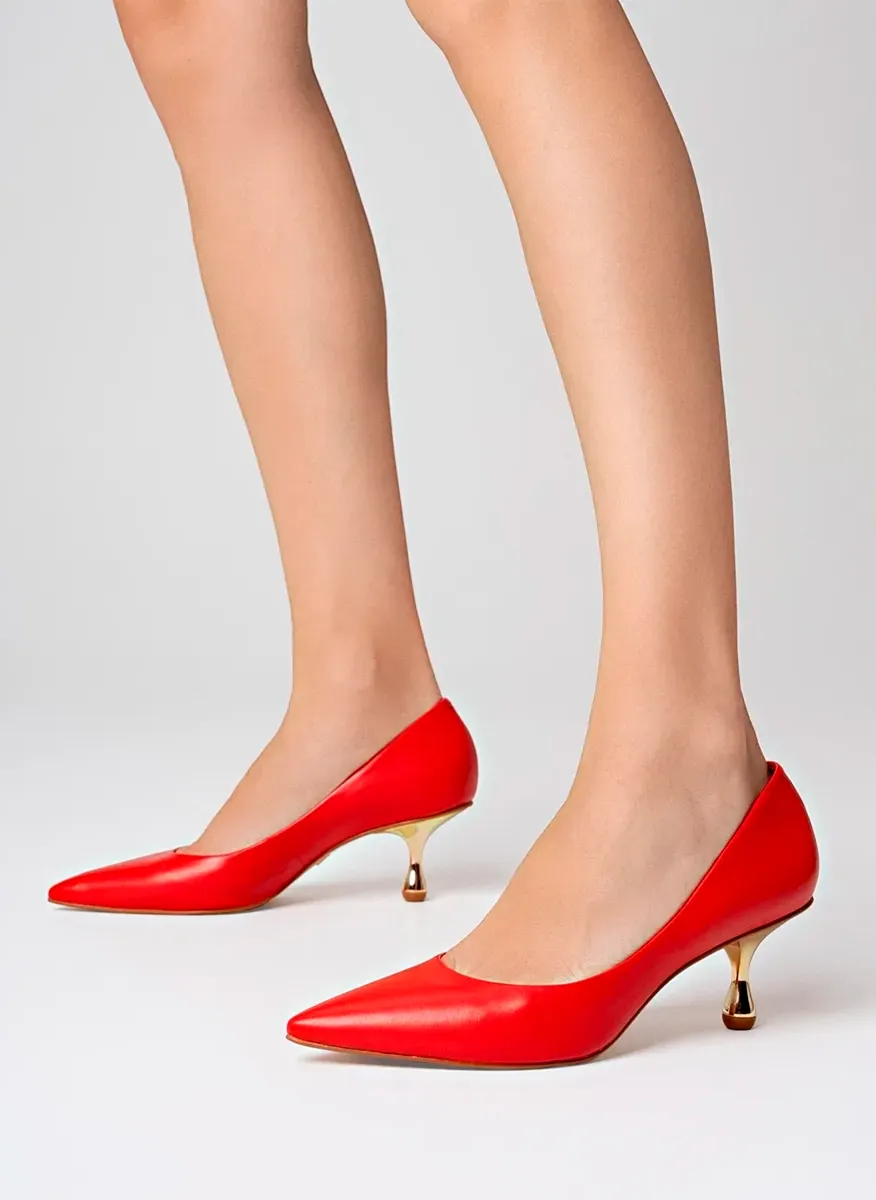 Red Pointy Gold Kitten Heels
